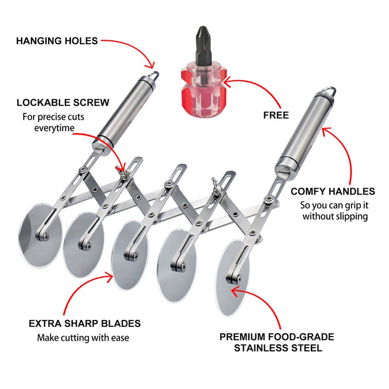 Juome 5 Wheel Pastry Cutter Stainless Pizza Slicer Multi-Round Dough Cutter Roller Cookie Pastry Knife Divider with Handle - Image 3
